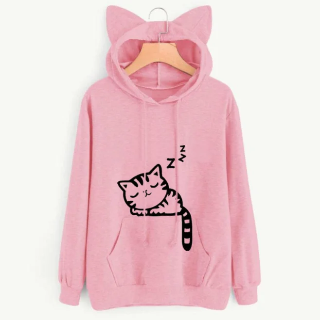
Loose fleece printed cat animal print hooded sweatshirt 