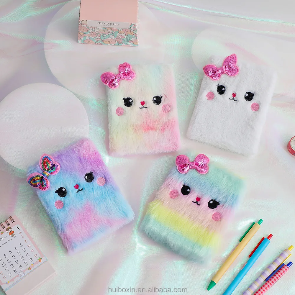 

wholesale customizable a6 diary soft cover kawaii cute kids anime school cat furry fluffy plush notebook