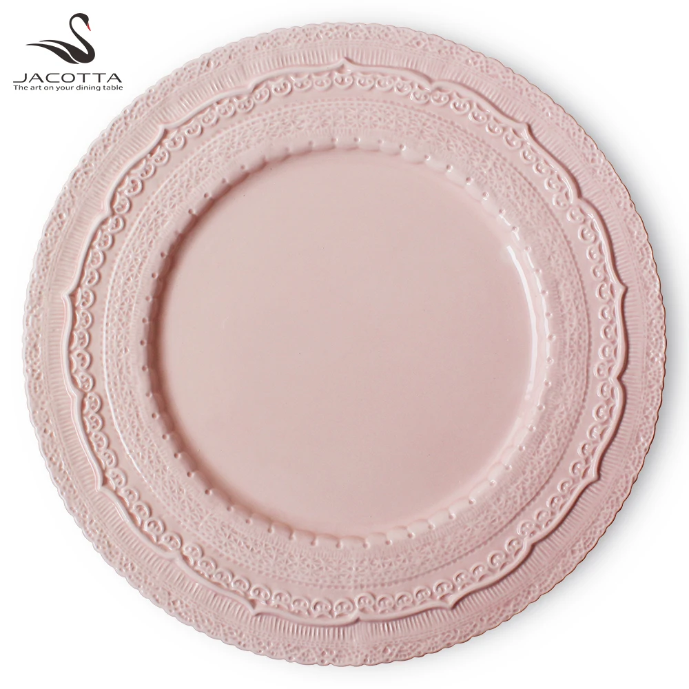 High quality porcelain Lace embossed charger plates with blue design for wedding