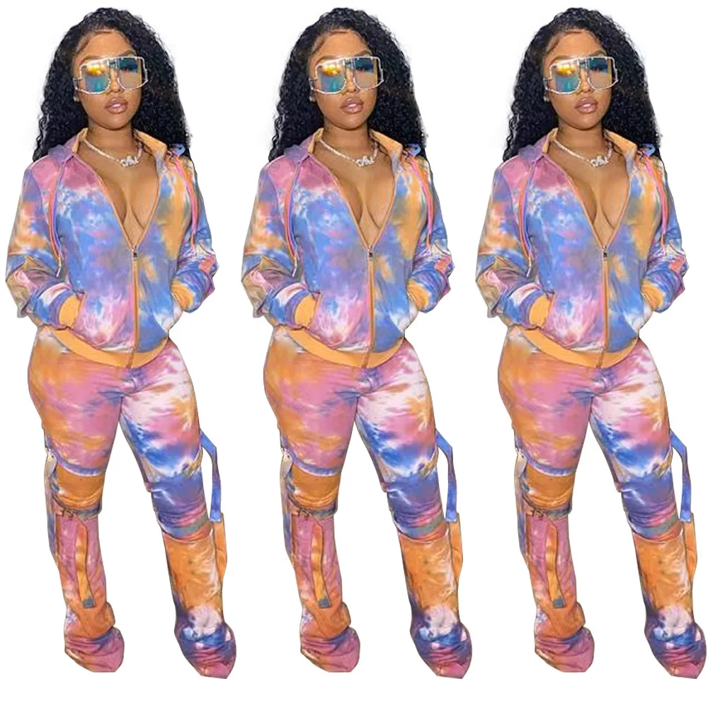 

EB-20121554 Tie Dye Fall 2 Piece Sets Womens Tracksuits Suits Winter Two Piece Pants Set Strap Women Sweatsuit Set