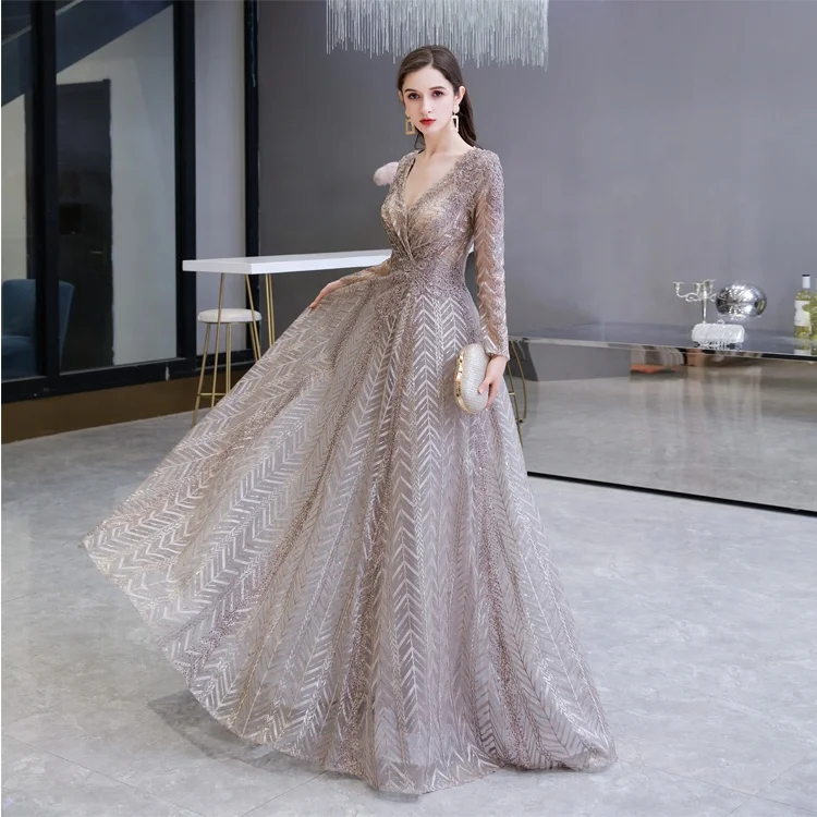 

Formal A-line Beaded Embroidery Party Evening Dress Lace Fabric 2021 Prom Dresses V-neck Women Long Sleeve Evening Gown Dresses