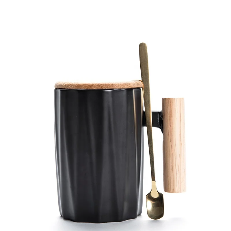 

Matte White Black Ceramic Mug With Wooden Handle And Bamboo Lid Gold Spoon Porcelain Coffee Mug Tea Cup, Black,white