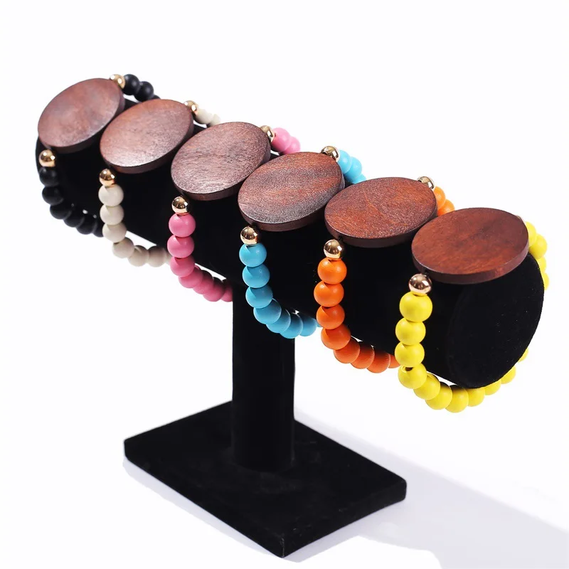 

2021 Natural Wooden Jewelry Pulsera Custom Carving Big Disc Monogram Elasticity Beads Bangle Bracelets for Women