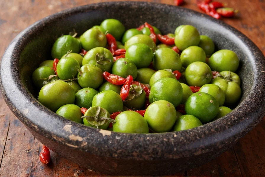 Fresh tomatillos with red guajillo chilies on traditional Mexican molcajete