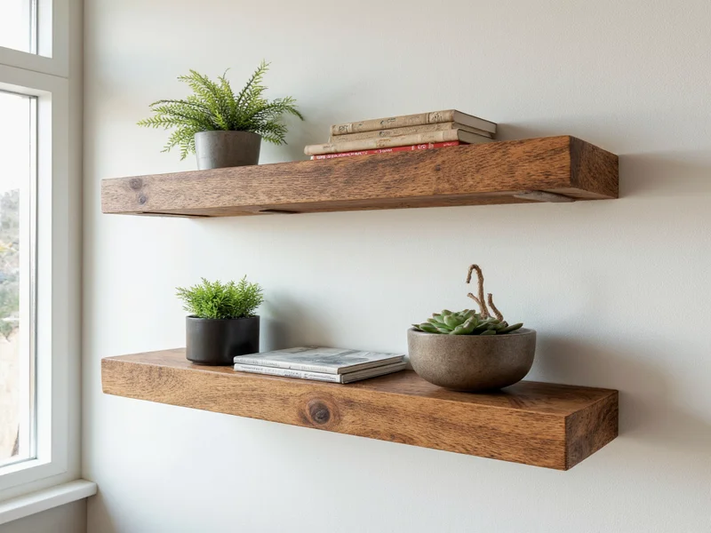 Reclaimed wood shelves mounted on painted accent wall