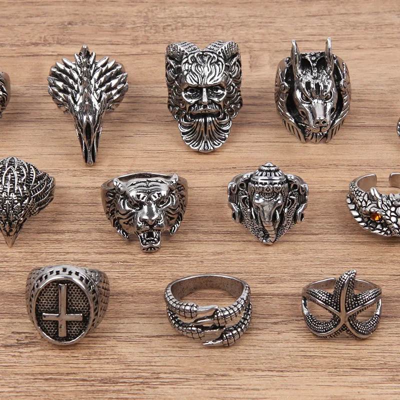 Vintage Punk Rings For Men Eagle Lion Cross Spirit Snake Ring Open Adjustable Ring Wholesale