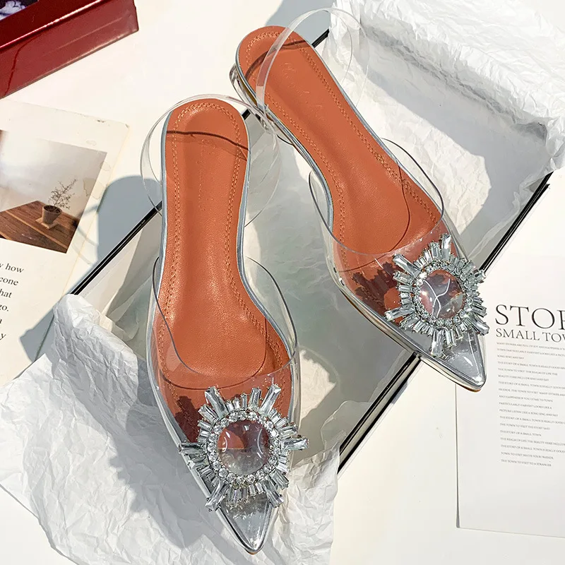 

Summer New Fashion Sexy Pointed Fairy Wind Wild Rhinestone Low Heel Crystal Shoes Women's Transparent Sandals