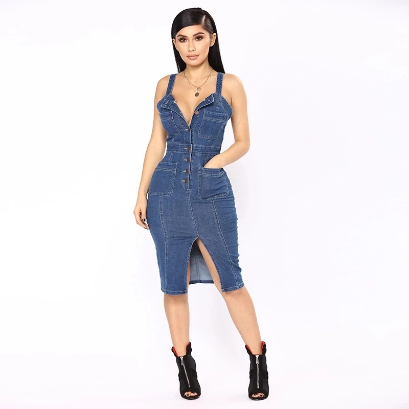 

Ladies casual denim jeans dress with pockets, Customized color