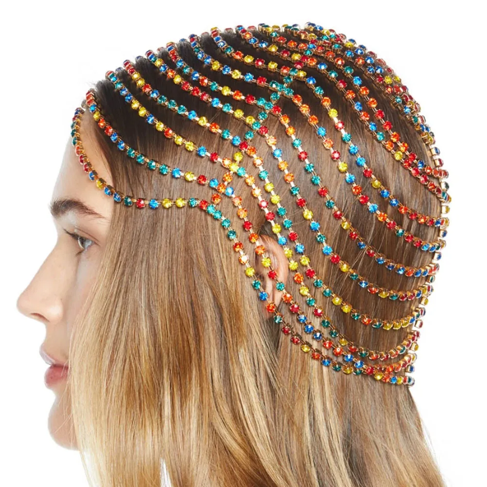 

Bohemia Handmade Colorful Rhinestone Headband Bride Head Chain Indian Wedding Hair Accessories