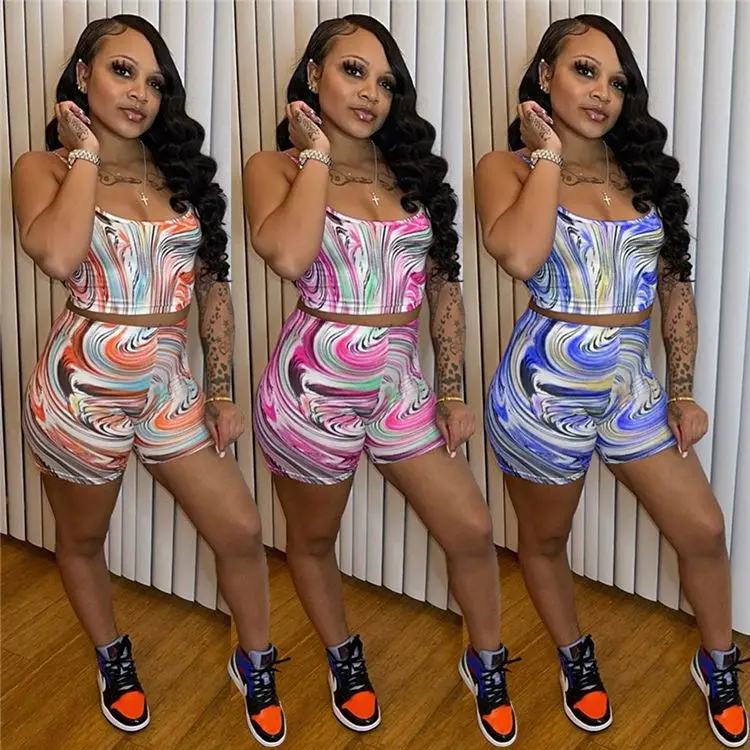 

LXE Newest Design Women Clothing 2021 Summer Print Crop Tank Top And Pants Set Women 2 piece short set