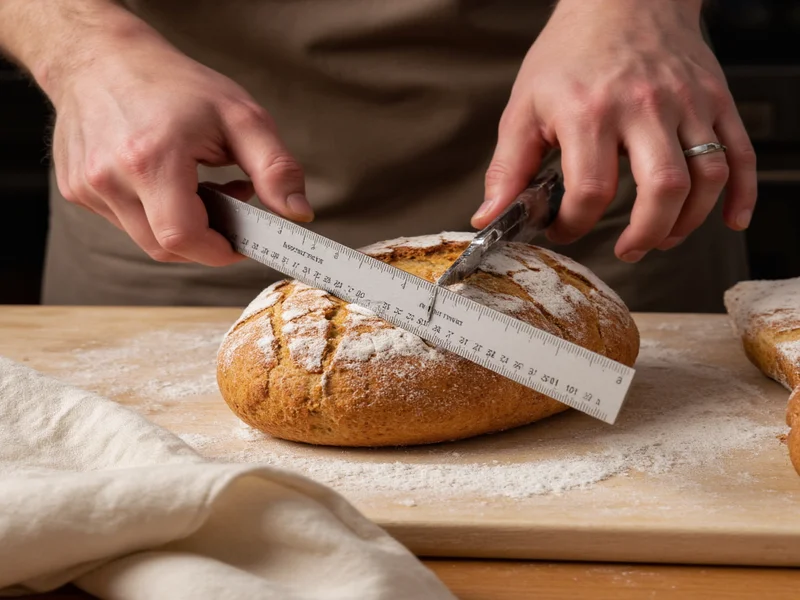 Artisan baker using ruler guide for hand-slicing crusty boule loaf
