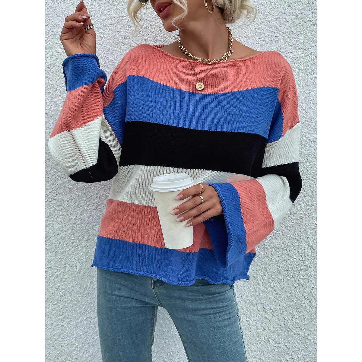

2021 Women Fancy Top Knitwear Color Block Striped Fashionable Knit Pullover Sweaters Womens Crew Neck Jumper