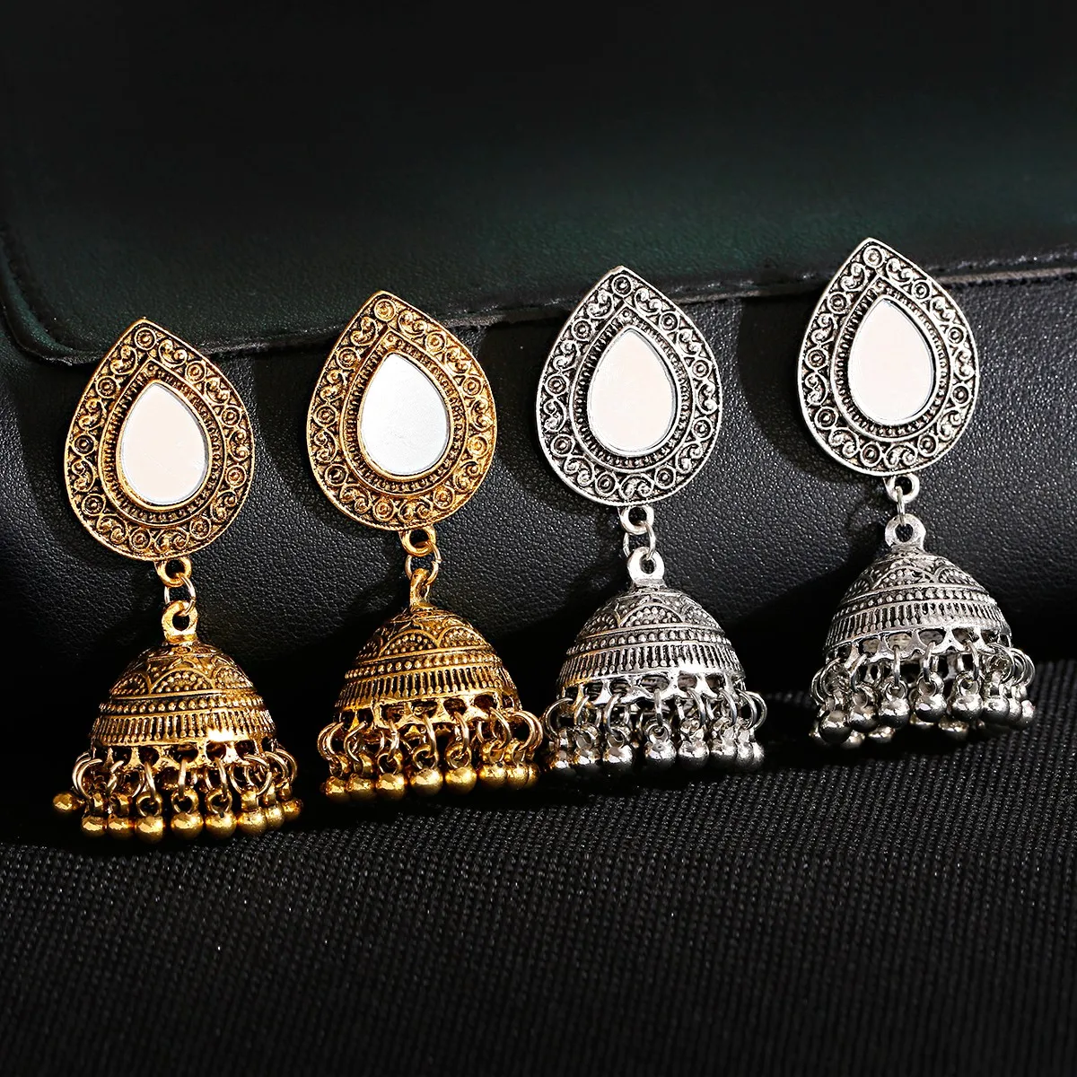 

Women Gold Silver Handmade Gypsy Bohemian Oxidized Engrave Stud Beads Indian Small Bells Jhumki Earrings