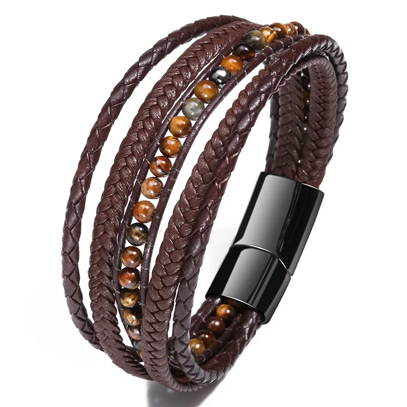 

Multilayer Handmade Braided Tiger Eye Natural Stone Bead Magnetic Clasp Brown Leather Bracelet Jewelry Men, Picture shows