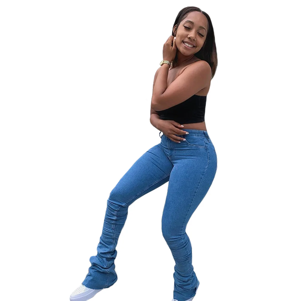 

Amazon top seller 2021 Autumn and Winter Fashion Jeans Long Track Pants Multicolored Wash Denim Pile Pile Pants Woman Pants