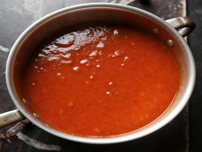 Homemade barbecue sauce simmering in stainless steel pot