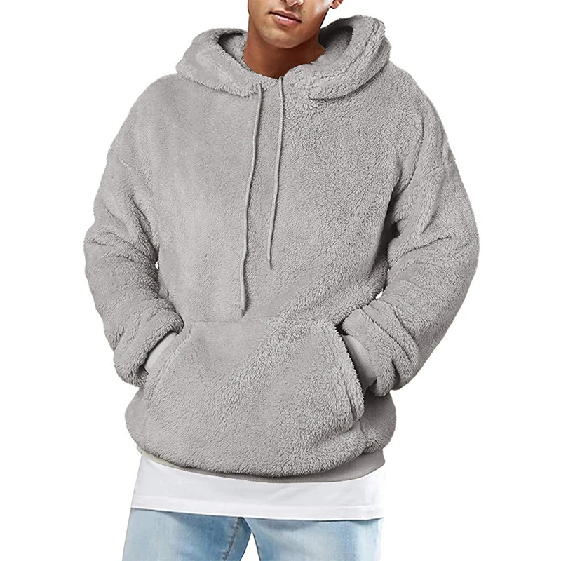 

Autumn Winter Warm Fluffy Fleece Sweatshirt Solid Color Fuzzy Tops Thick Velvet Pullover Hoodie For Men