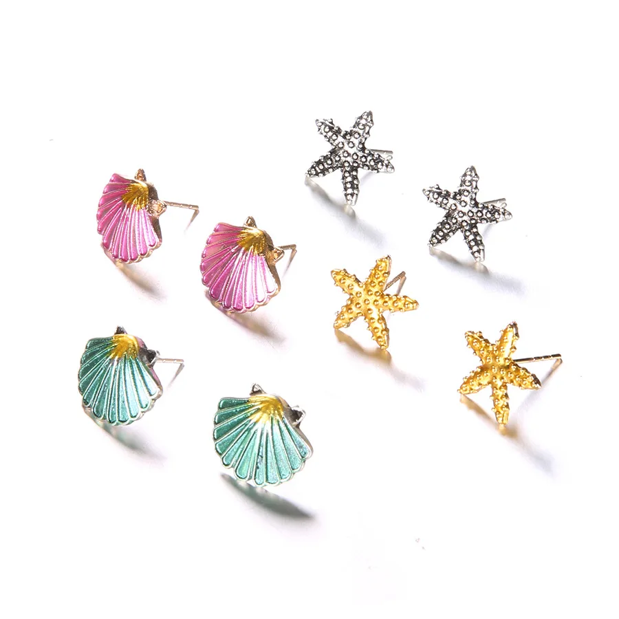 

Charming Girls' Ear Studs Earring Hot Sale Brief Fashion Seastar Color Shell Earrings Set With 4Pairs/Set Stud, Shows as pictures