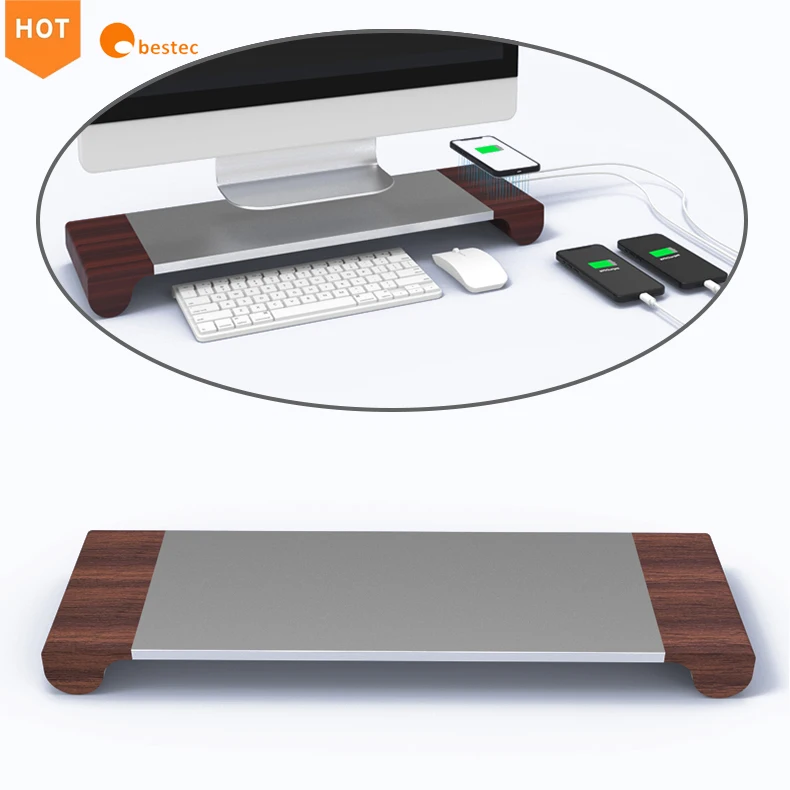 

4 in 1 Monitor Stand Riser with Wireless Charger,USB Support Transfer Data Charging,Keyboard and Mouse Storage Desk Organizer, White/black/wood/customize