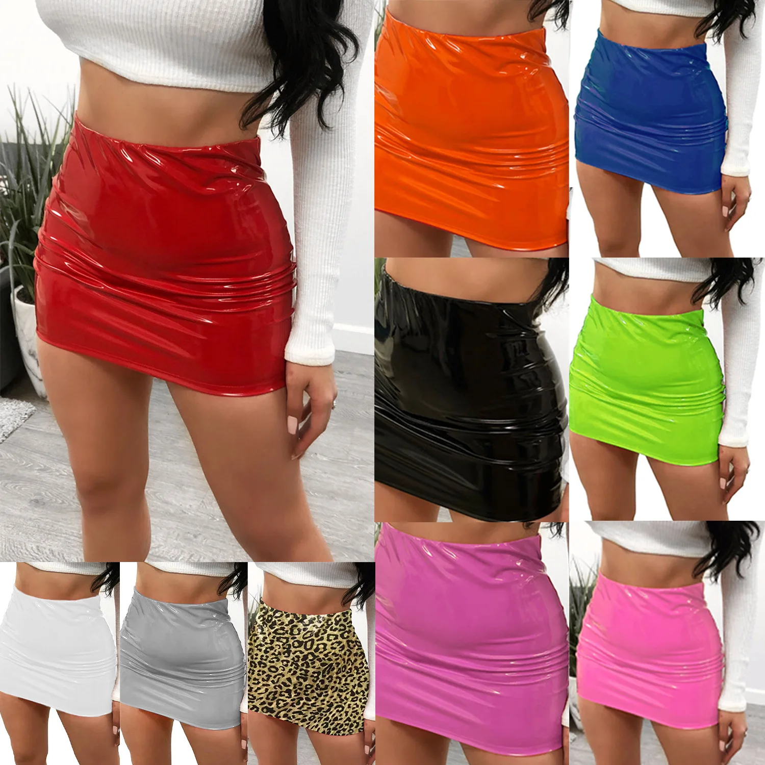 

XS Clothing Women Sexy Short Skirts Club Dancing Red Leather Mini Skirt, White,red, black,orange, blue, pink, silver, green, bright pink, gold