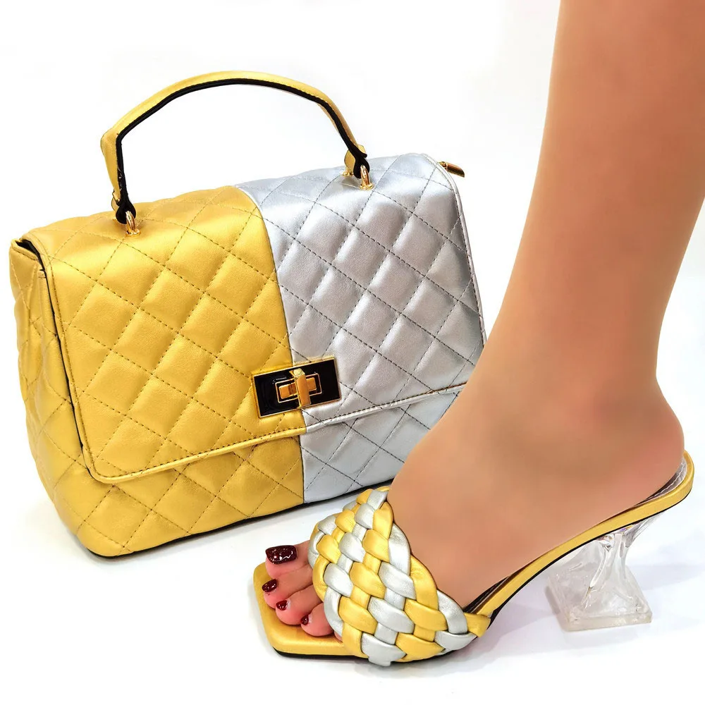 

middle heel slingback shoes with matching bag for lady party gold color cone shoes and stones bag