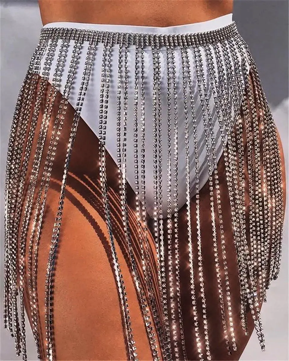 

2020 Nightclub Rhinestone Brigh Diamond Full Rhinestone Tassel Waist Chain Skirt, As picture