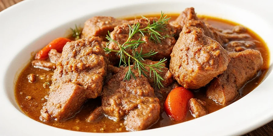 Beef stew with fresh herbs on wooden table