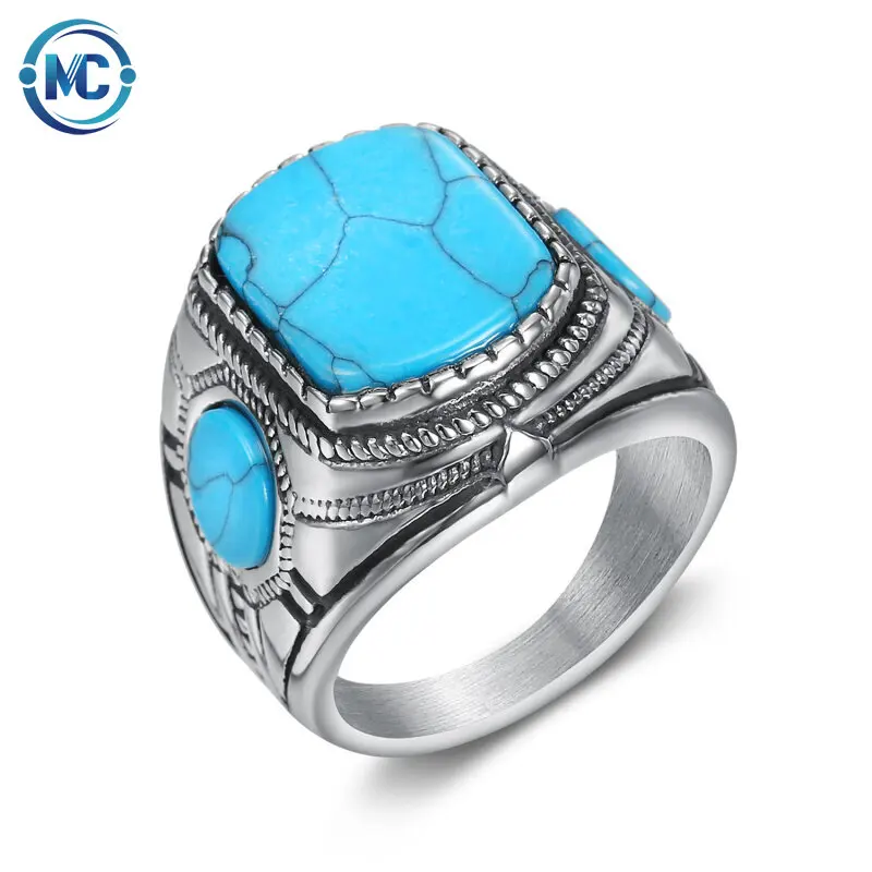 

2021 Personalized stainless steel fashionable retro Blue Gem Stone Ring