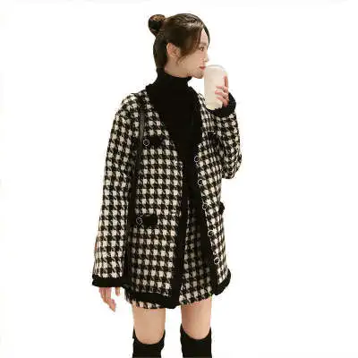 

Houndstooth new fashion wind knit cardigan Coat Skirt Two-piece Set Suit, Customized color