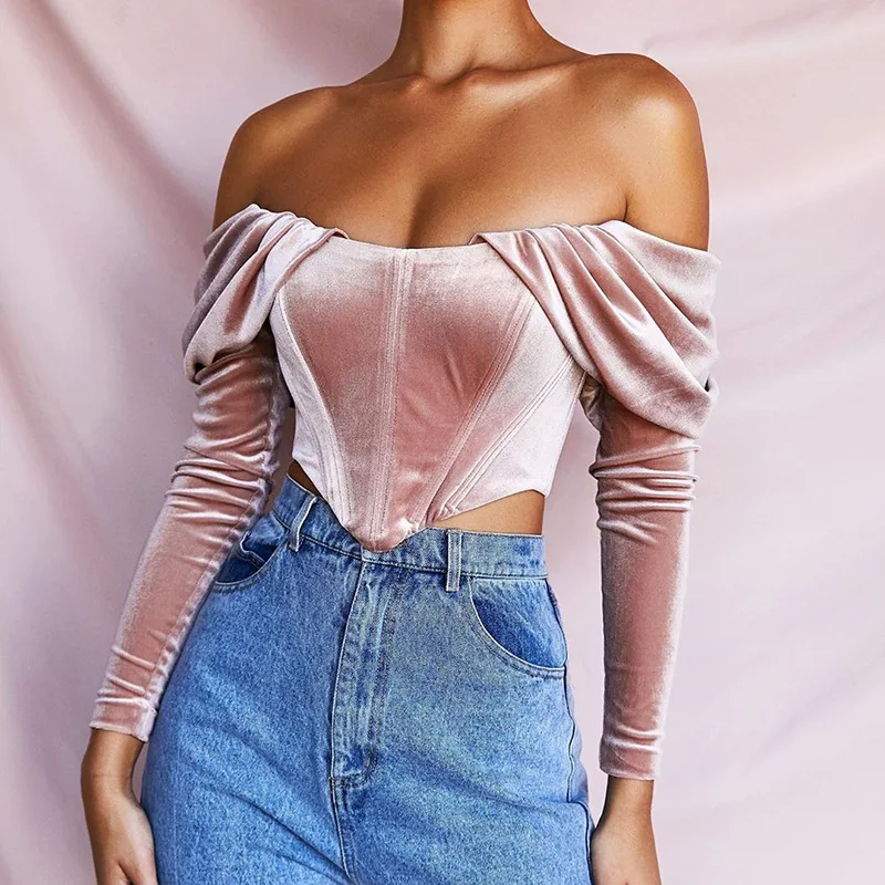 

Amazon Hot Selling women Long Sleeve off shoulder short top velvet ladies blouse women