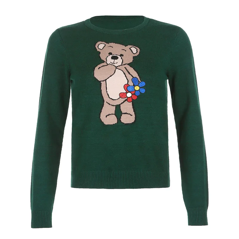 

shein Street fashion flower embroidery round neck bear print loose long-sleeved top sweater women
