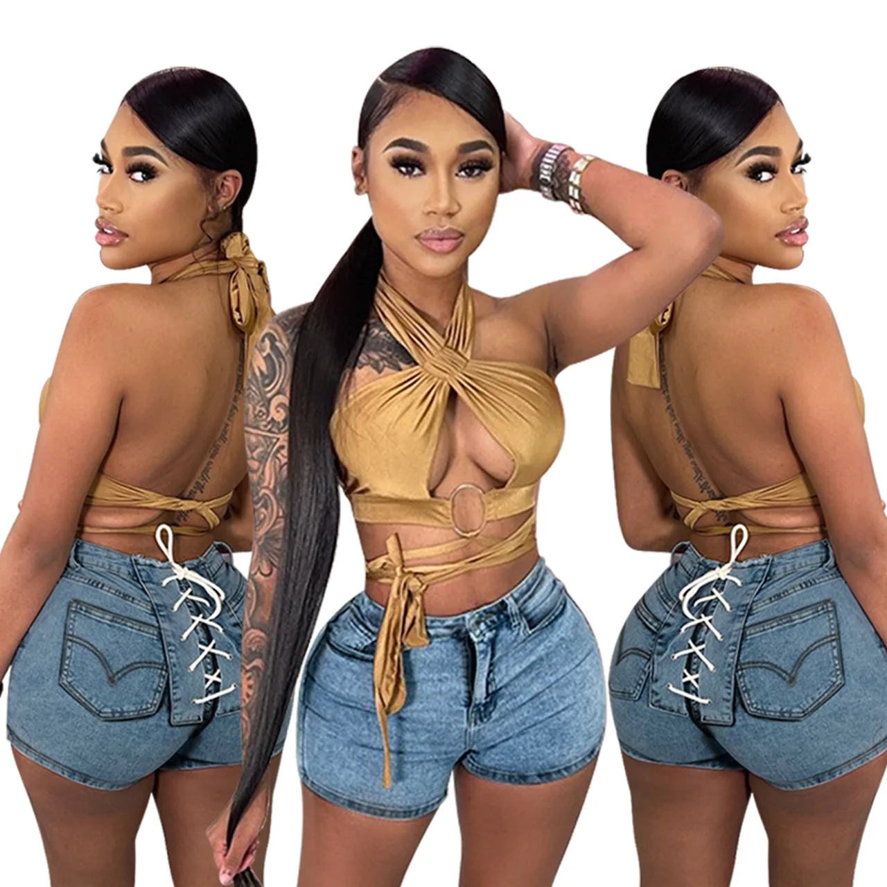 

2021 New Arrivals Nightclub Laced Jean Shorts Sexy Club Skinny Drawstring Pants Women Casual Clothing Jean Shorts