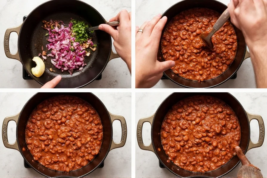 Step-by-step preparation of three bean chili in cast iron pot with fresh ingredients