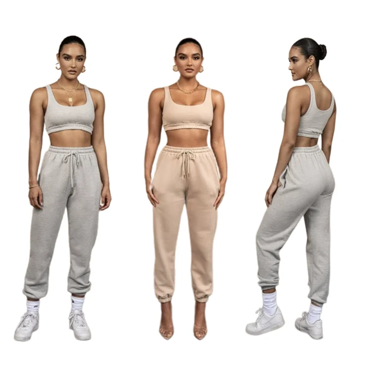 

Custom Logo Women Cotton Plus Size 2 piece Crop Top Sweat Pants Joggers Suits Set