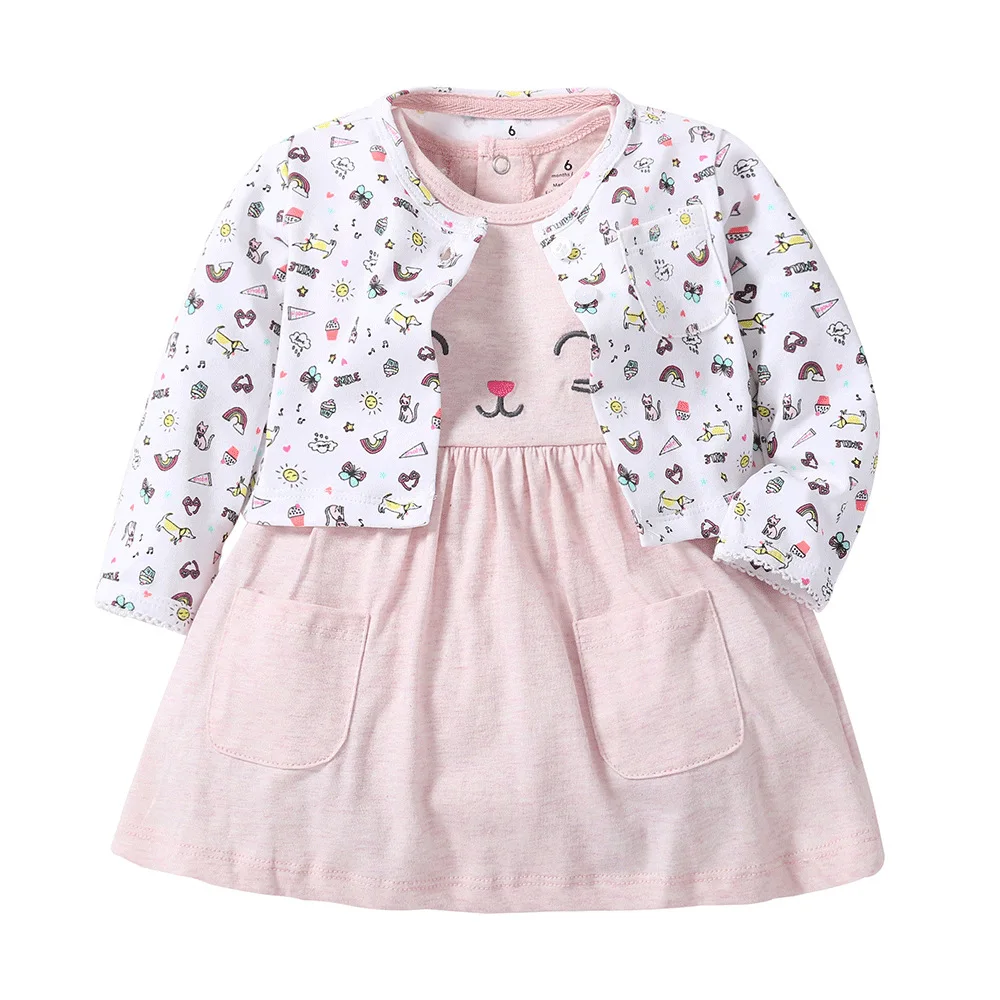 

New Kids Girls Cute Shawl 2 Piece Suit Long Sleeved Jacket Short Sleeved Romper Dress Baby Clothing Set Fashion Clothes