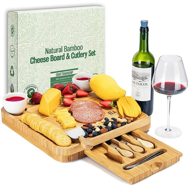 

High Quality Wedding Gift Large Square Natural Creative Private Label Kitchen Bamboo Cheese Boards And Knife Set