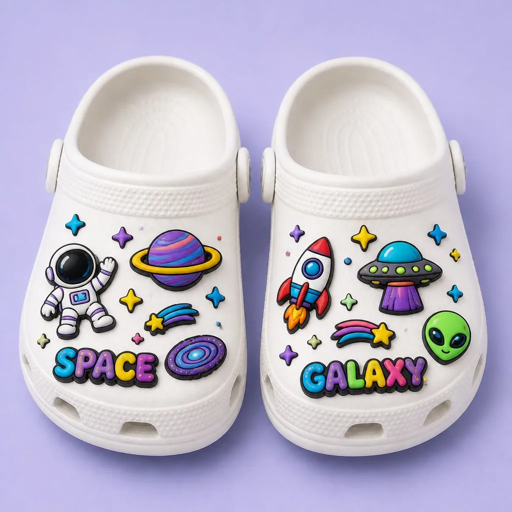 Matched pair of white clogs styled with astronaut, ringed planet, rocket, saucer, alien and cosmic word charms