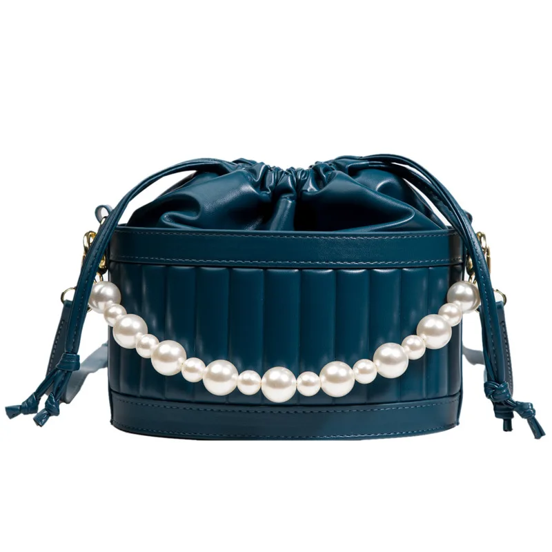 

2022 High Quality Drawstring Round Bag PU Shoulder Bucket Bag New Fashion Pearl Handbag for Women, 6 colors