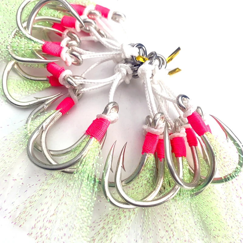 

HK007 Jigging Fishing Hooks Fish Assist Hook Twins Double Fishery Glow Jig Slow Feather Fishhooks, As picture