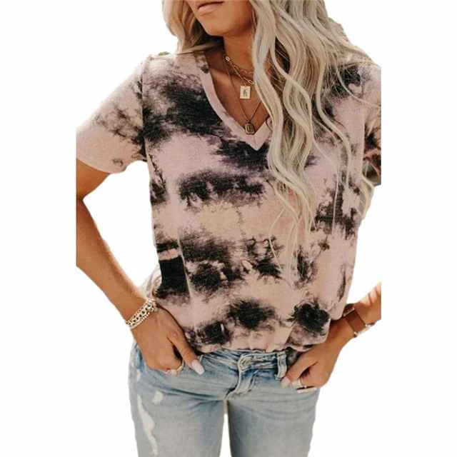 

2021 Women's New Trend Tie Dye Printing V-neck Short Sleeve T Shirt, Picture color