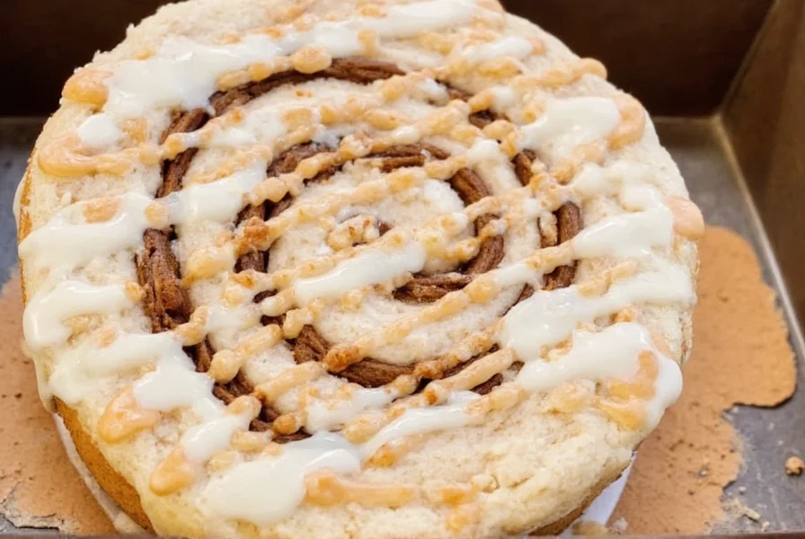Cinnamon roll cake with cake mix showing perfect swirl pattern and cream cheese frosting drizzle