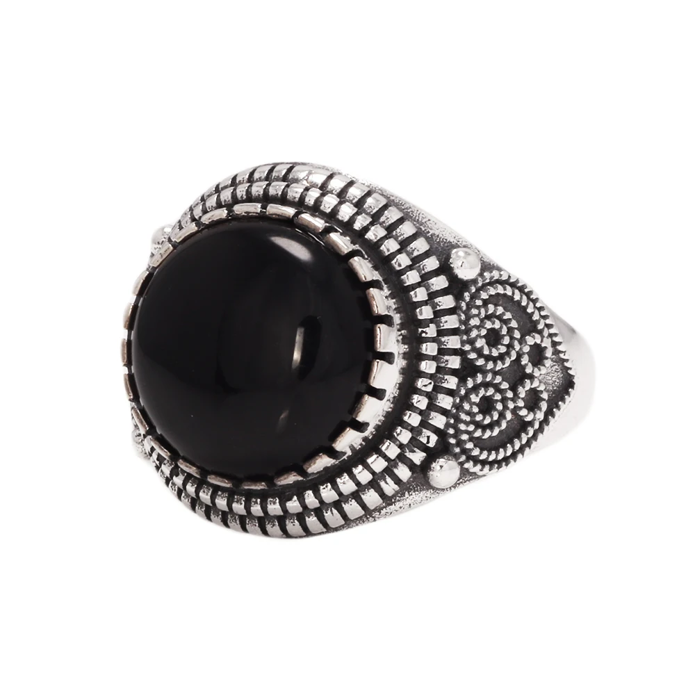 

New arrival Real Pure 925 Silver Ring for Men Round Stone Natural Black Agate Antique Heart Pattern Fine Jewelry