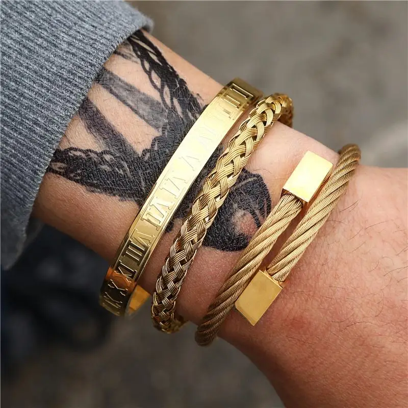 

Mens Jewelry Fashion Design Personality 18k Gold Plated Roman Numeral Stainless Steel Cuff Bracelet Bangles For Man