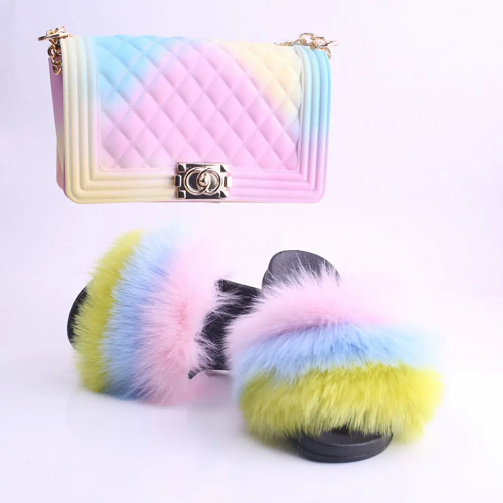 

2020 summer new design Colorful Fur Slides with candy handbag hot sale Slippers and Handbags Set for Ladies Women