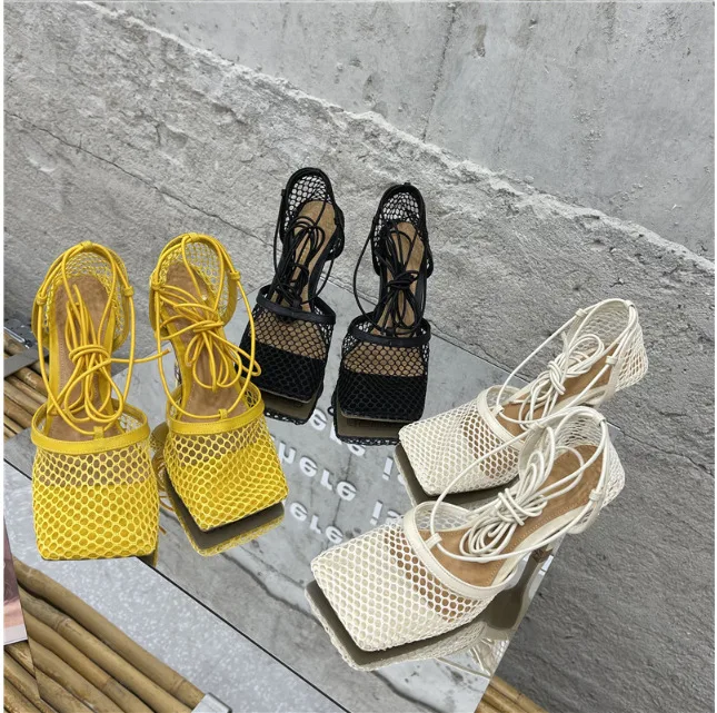 

stiletto high heel woman stiletto pump heels square toe designer fashion Rubber mesh breathable shoes lady woman high heel