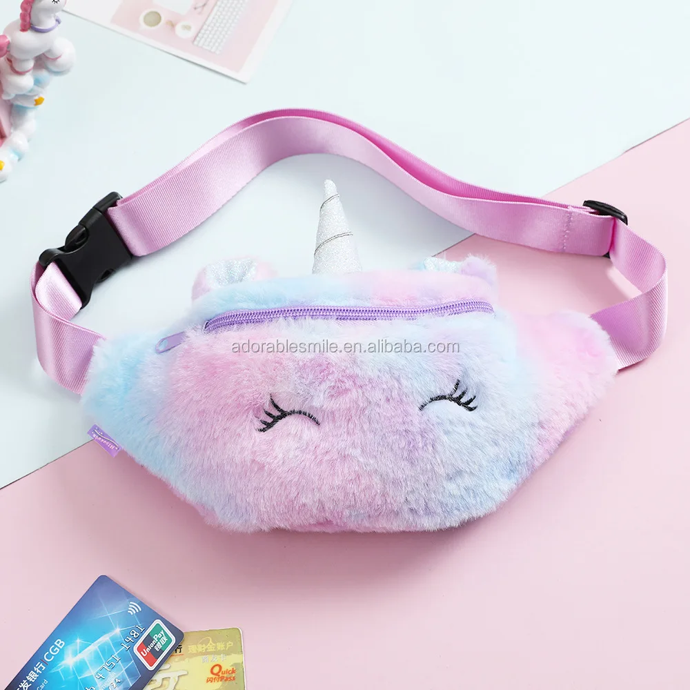 

Girls Kids Fluffy Fuzzy Unicorn Shoulder Bag Cartoon Plush Waist Bag Cute Kids Purse Rainbow Waist Pack