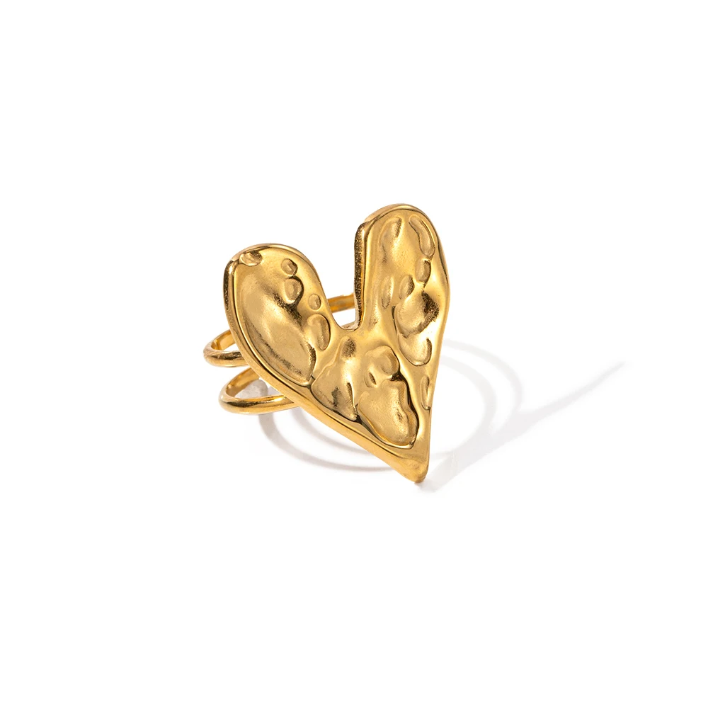 

Waterproof 18K Gold Plated Stainless Steel Exaggerate Double Layer Hammer Texture Heart Opening Ring for Women