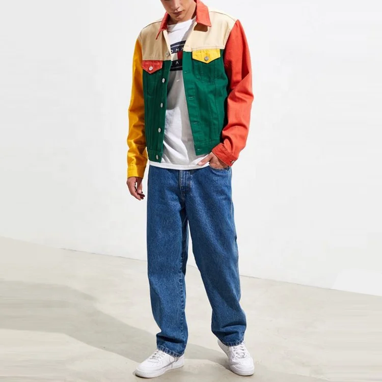 

Custom Fashion mens Button Up Colorblock Trucker Jean Jacket Men Contrast Denim Jacket, Any color ok