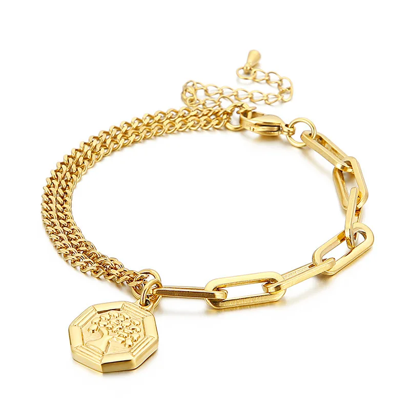 

New stainless steel bracelet asymmetrical chain tree of life tag design female charm braceletFashion clasp bracelet
