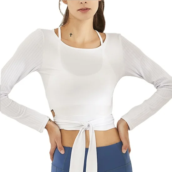 

2021 yoga crop top women white long sleeve crew neck running sports yoga crop top, Picture shows